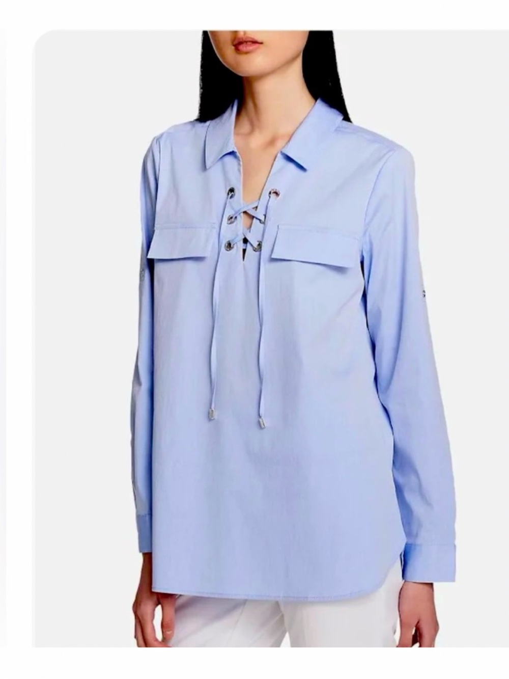 Calvin Klein XL Light Blue Lace-Up Utility Blouse Cotton Blend Grommet Pockets